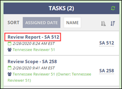 The Review Report task on the Task menu of the home page