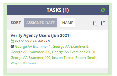 Example of the Tasks widget, showing the agency users requiring verification, on the home page of a user with the Account Administrator role
